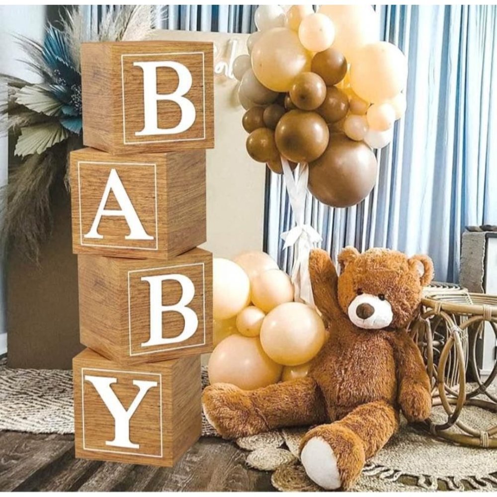 4 Wood Grain Rustic Brown BABY Shower Boxes Party Decor ~ New